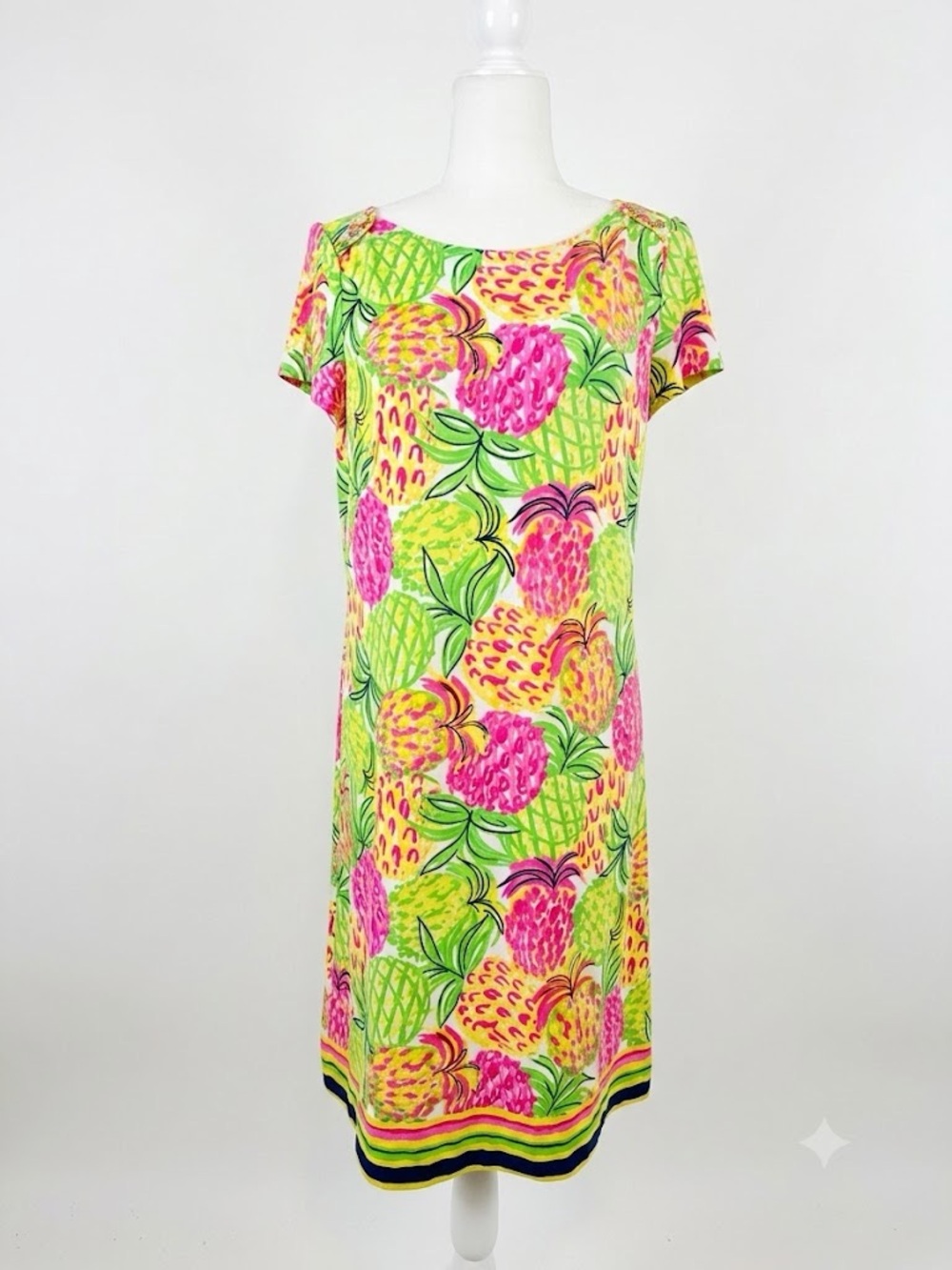 Pappagallo Pineapple Print Shift Dress M Gold Shoulder Buttons Resort Preppy
